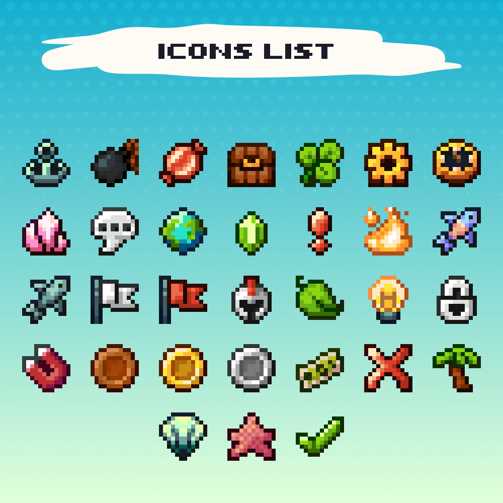 Grid display of 31 colorful pixel art Minecraft-style icons on a blue background, labeled “Icons List.”