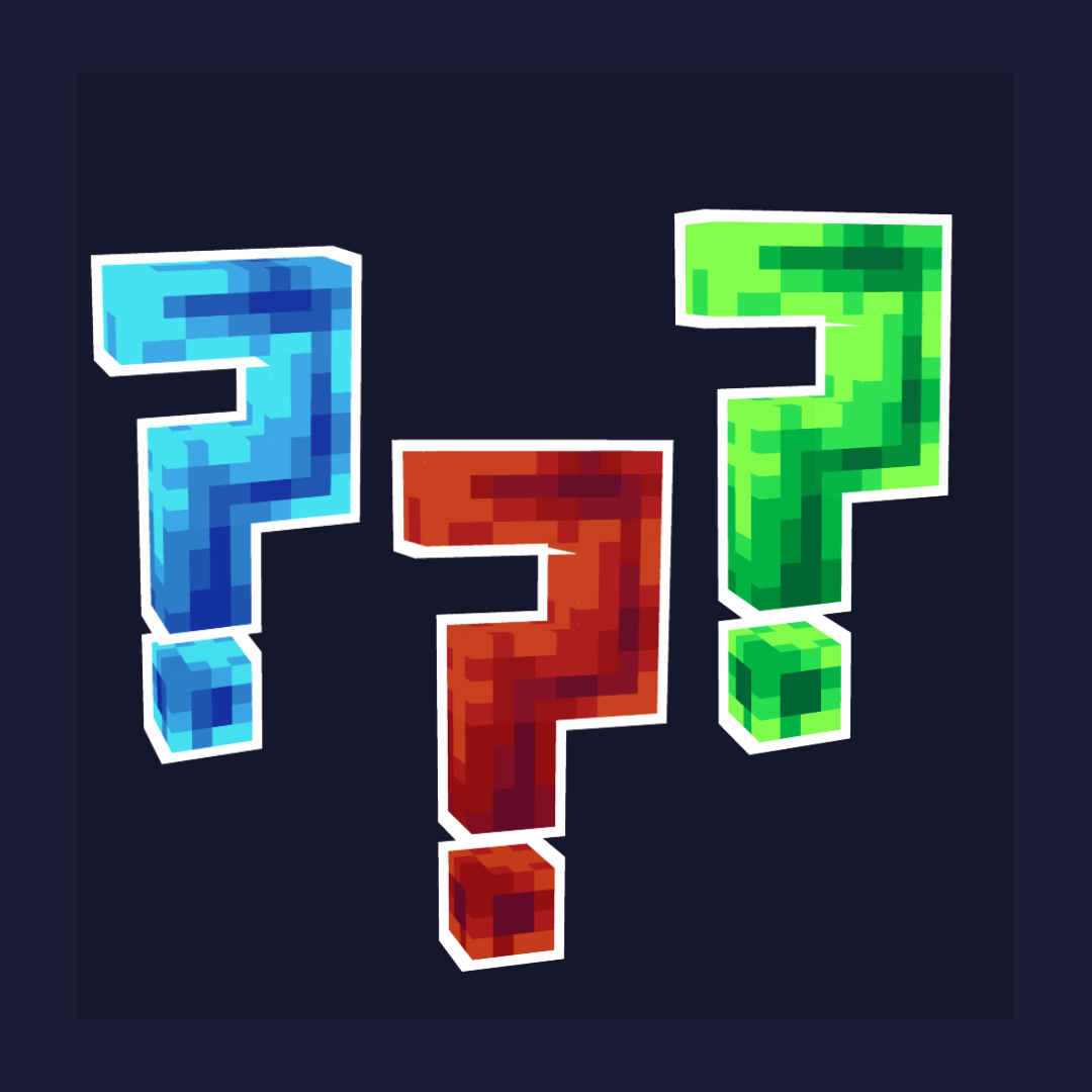 Three question marks, red question mark, green question mark, and blue question mark