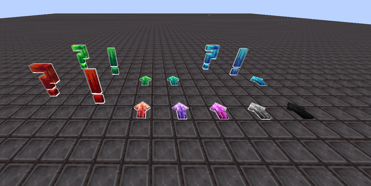minecraft image with 8 different colored arrows, 3 different colores question marks and 3 different colored exclamations