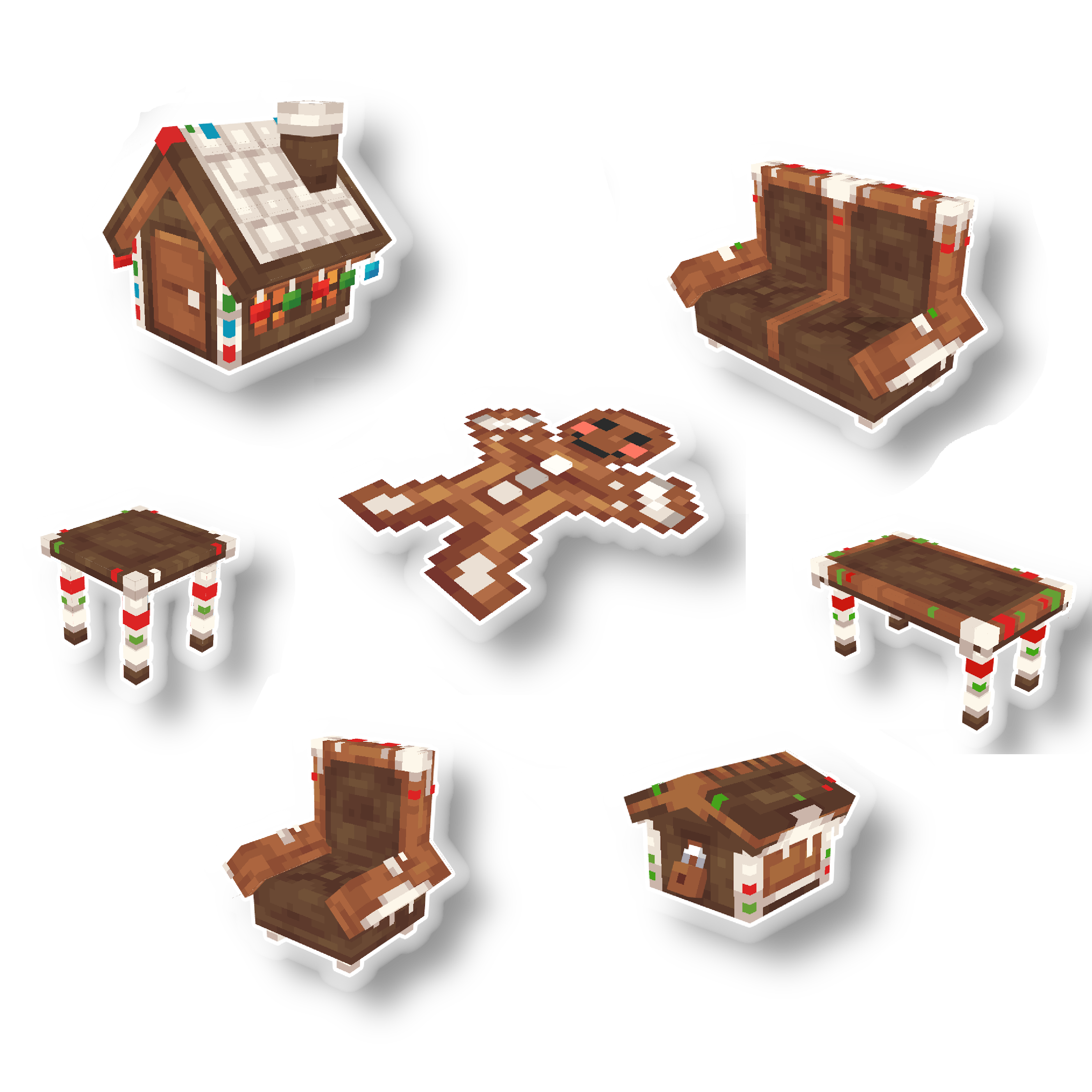 Gingerbread-themed Minecraft furniture addon with festive chairs, tables, decor, and houses, created by Spectra Studios