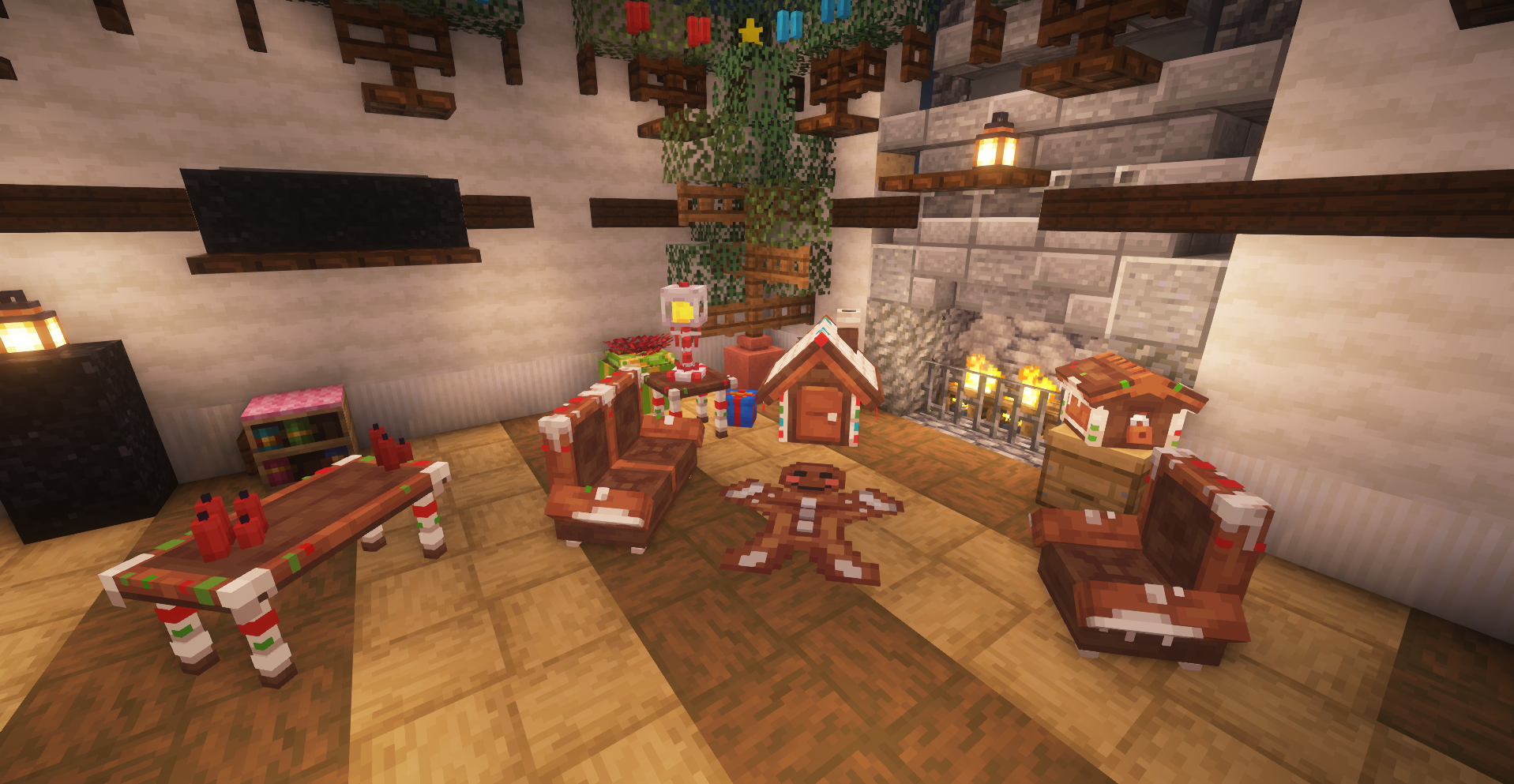 Cozy Minecraft holiday room with gingerbread furniture, festive decor, presents, and a warm fireplace