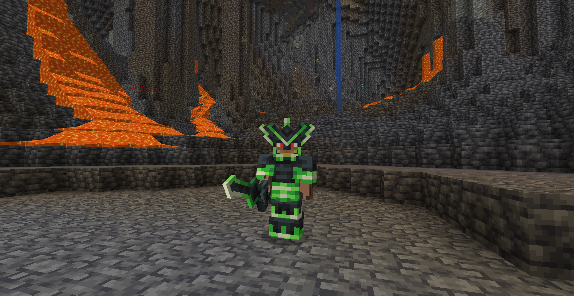 Player wearing dark emerald armor + holding dark emerald sword