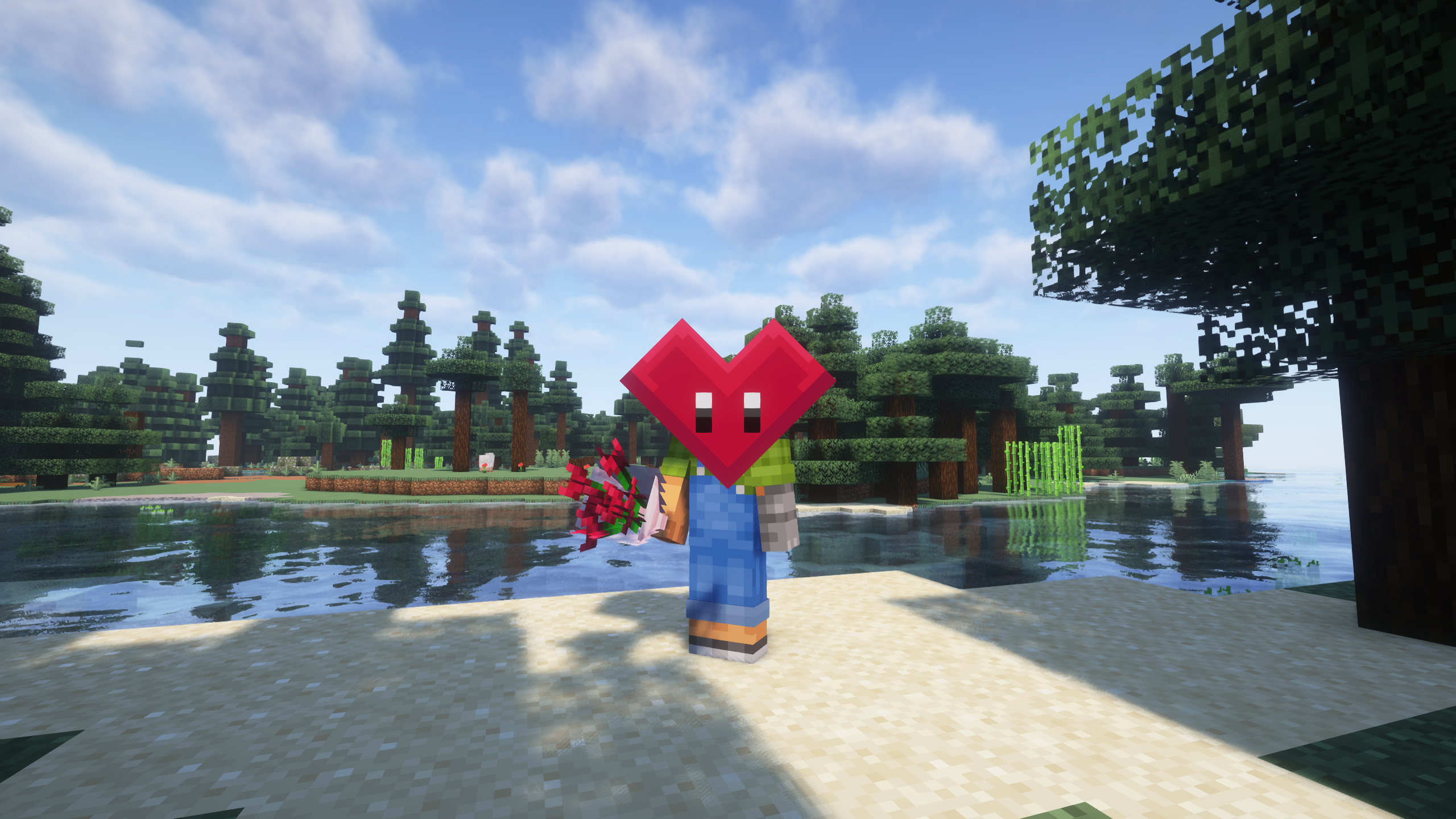 Minecraft player wearing the heart head cosmetic and holding the bouquet item.