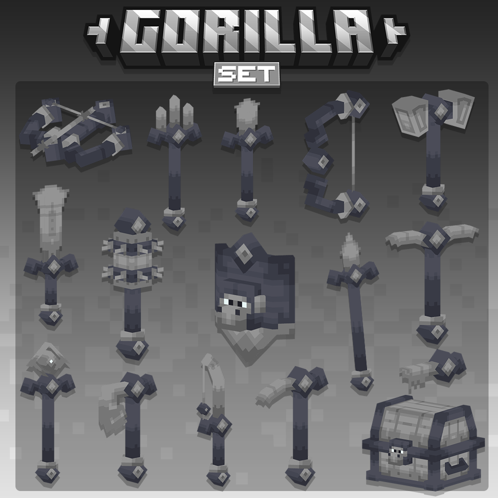 minecraft, blockbench gorilla weapons and tools set