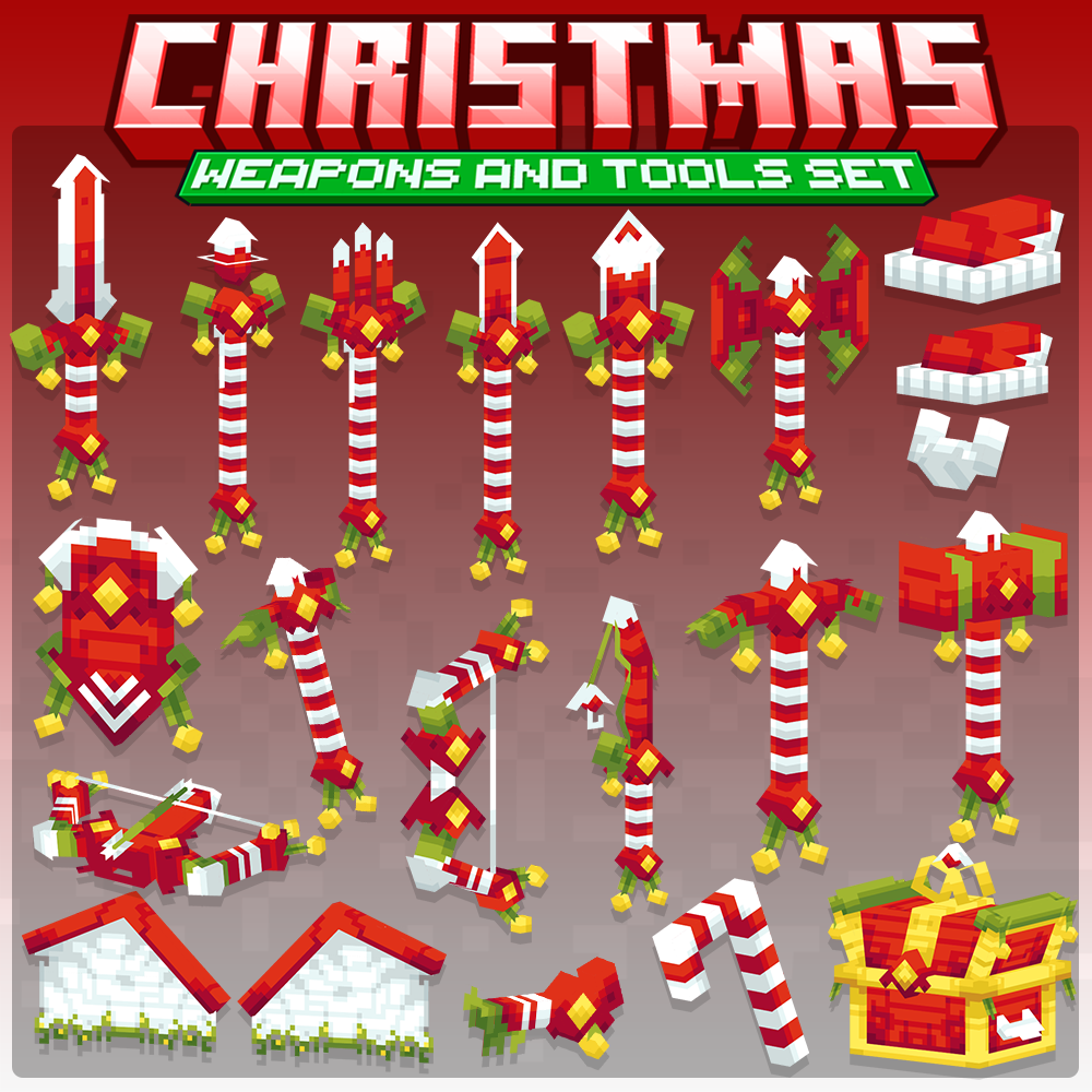 minecraft, blockbench, christmas, xmas, santa weapons, tools, armor, cosmetic set