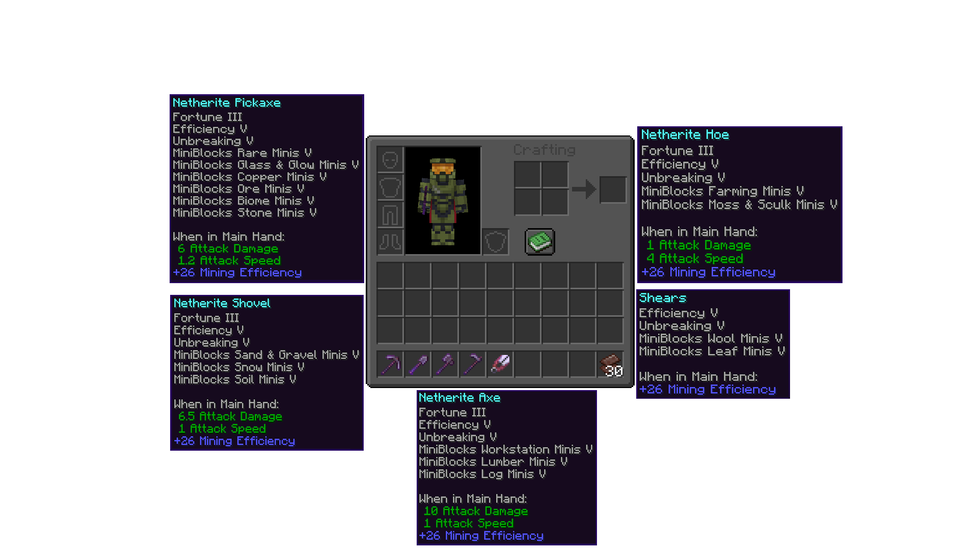 The tooltips for various Miniblock enchantments