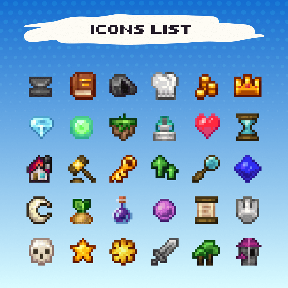 Grid display of 30 colorful pixel art Minecraft-style icons on a blue background, labeled “Icons List.”
